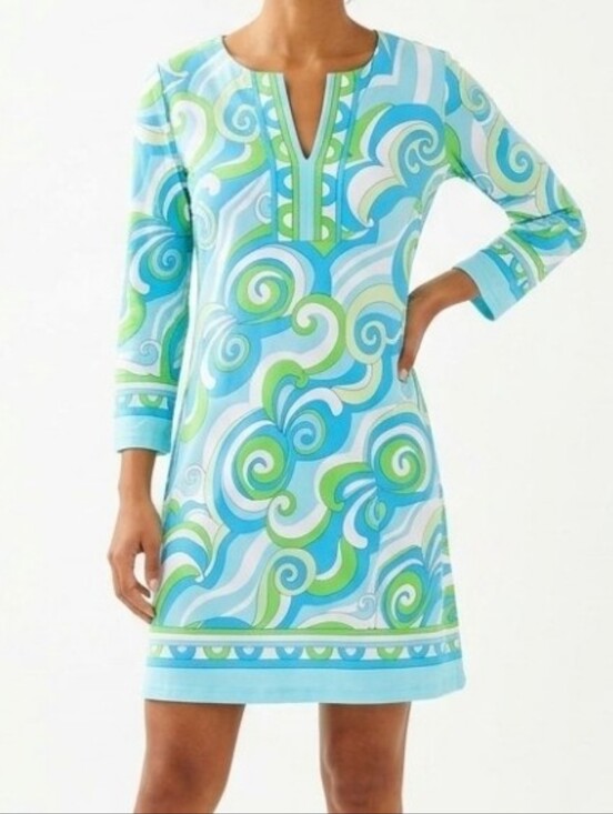 barbara gerwit Dresses & Skirts - Barbara Gerwit Knit V Neck long sleeve Blue Green Geometric Dress Cotton Women L